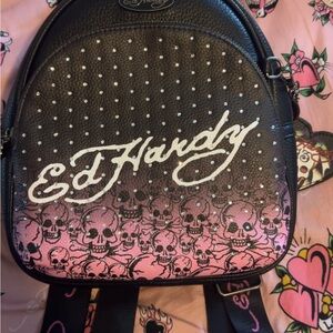 Ed Hardy Black & Pink Studded Skull Backpack